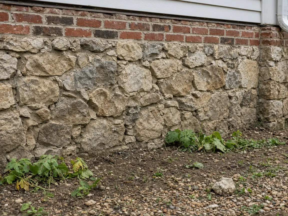 Stone foundation wall below brick and siding