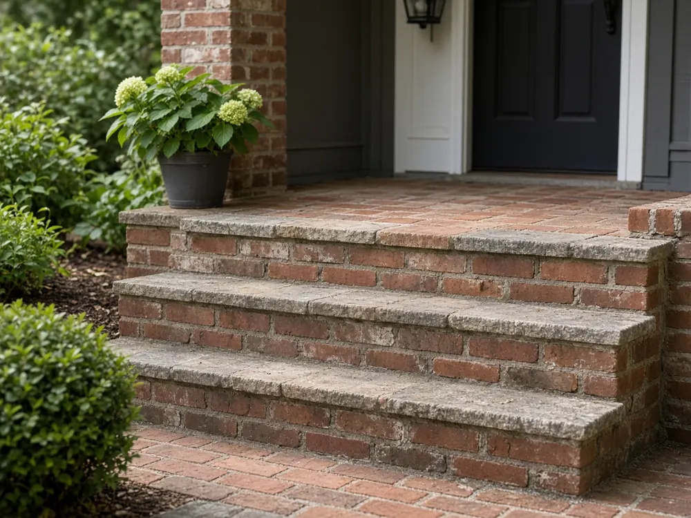Brick front porch steps and stoop at a suburban home entrance