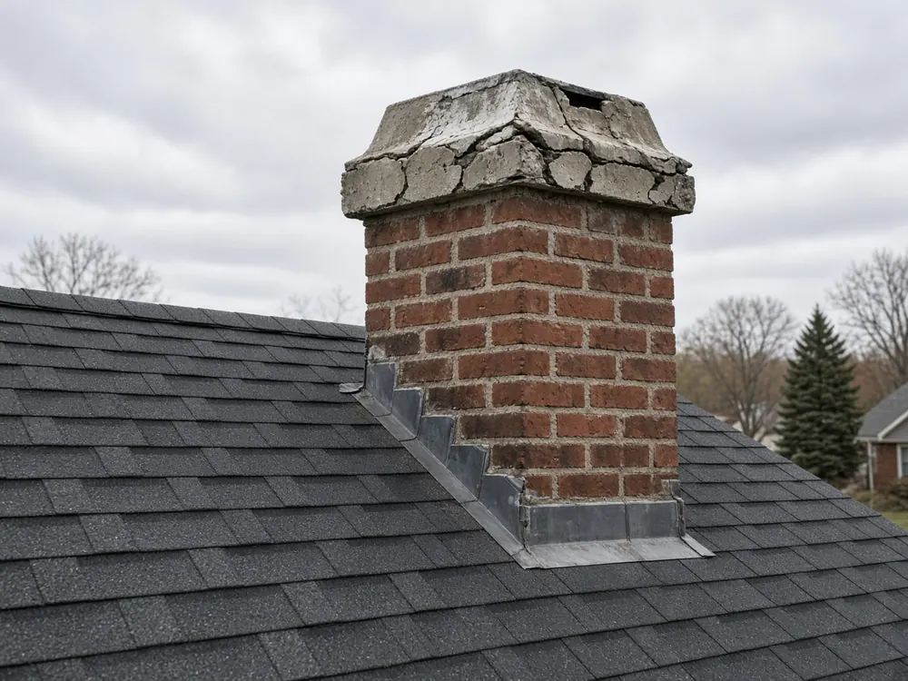 Brick chimney with a cracked concrete crown on a residential roof