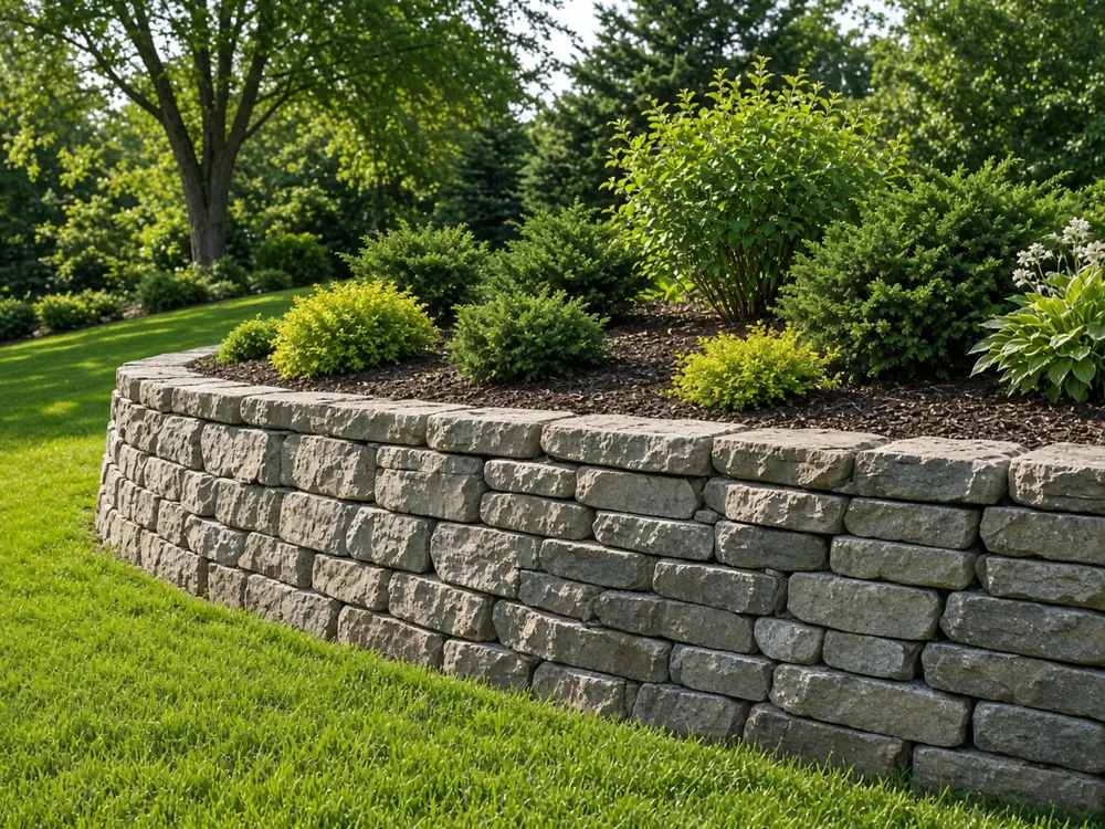 Curved stacked-stone retaining wall in a landscaped yard