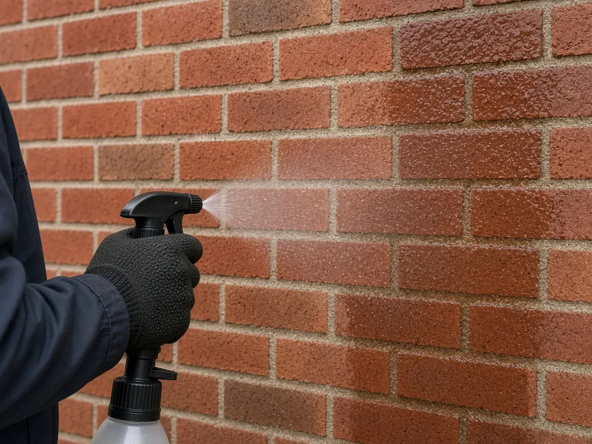 Clear masonry water repellent being sprayed onto a red brick exterior wall