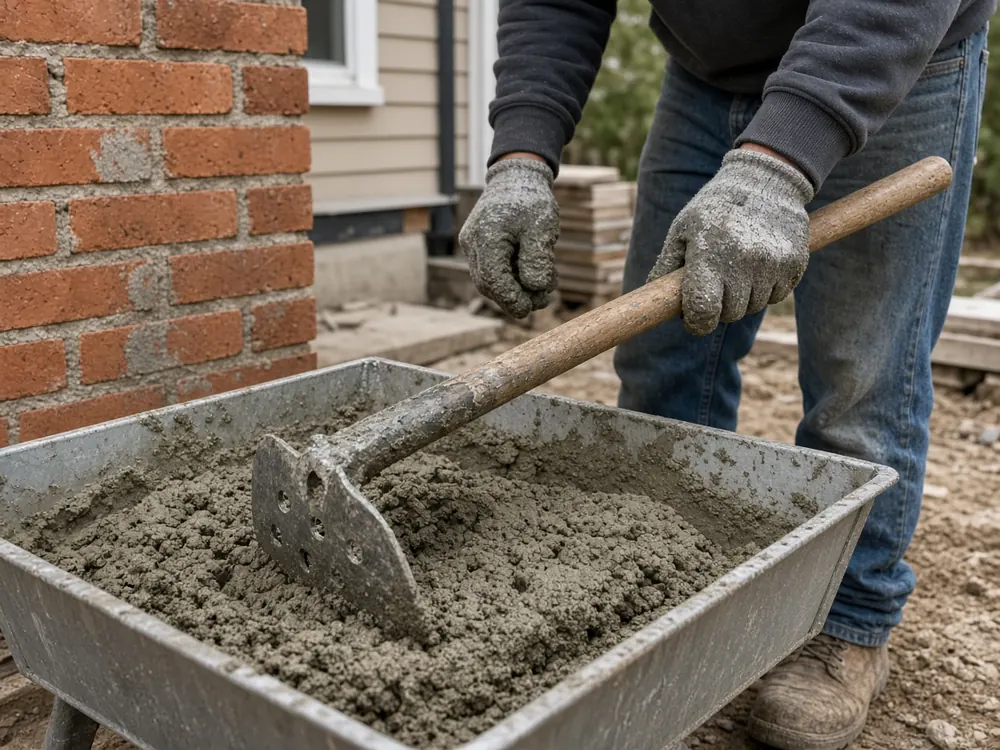 Mason mixing mortar in a wheelbarrow beside a brick wall